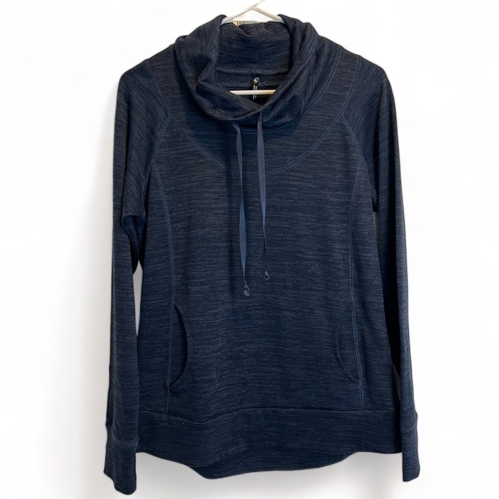 KUHL Lea Pullover Knit Sweatshirt Sweater Medium Navy Cowl Neck Kangaroo Pocket